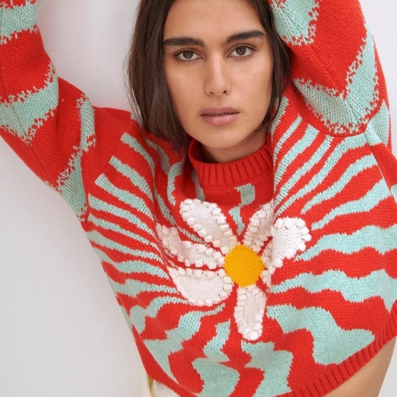 Zara Jacquard Flower Knit Sweater -size M - Picture 2 of 7